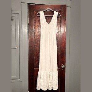 Terzo Millennio White 100% Linen V-Neck Maxi Dress Lace Eyelet Made Italy Medium